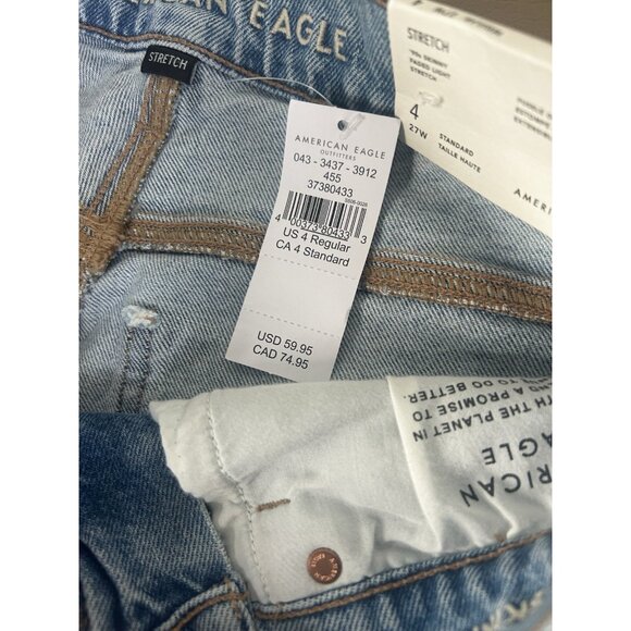 American Eagle 90s Skinny High Rise Stretch Blue Jean 27 W 4 Regular Raw Hem NWT - Picture 2 of 14